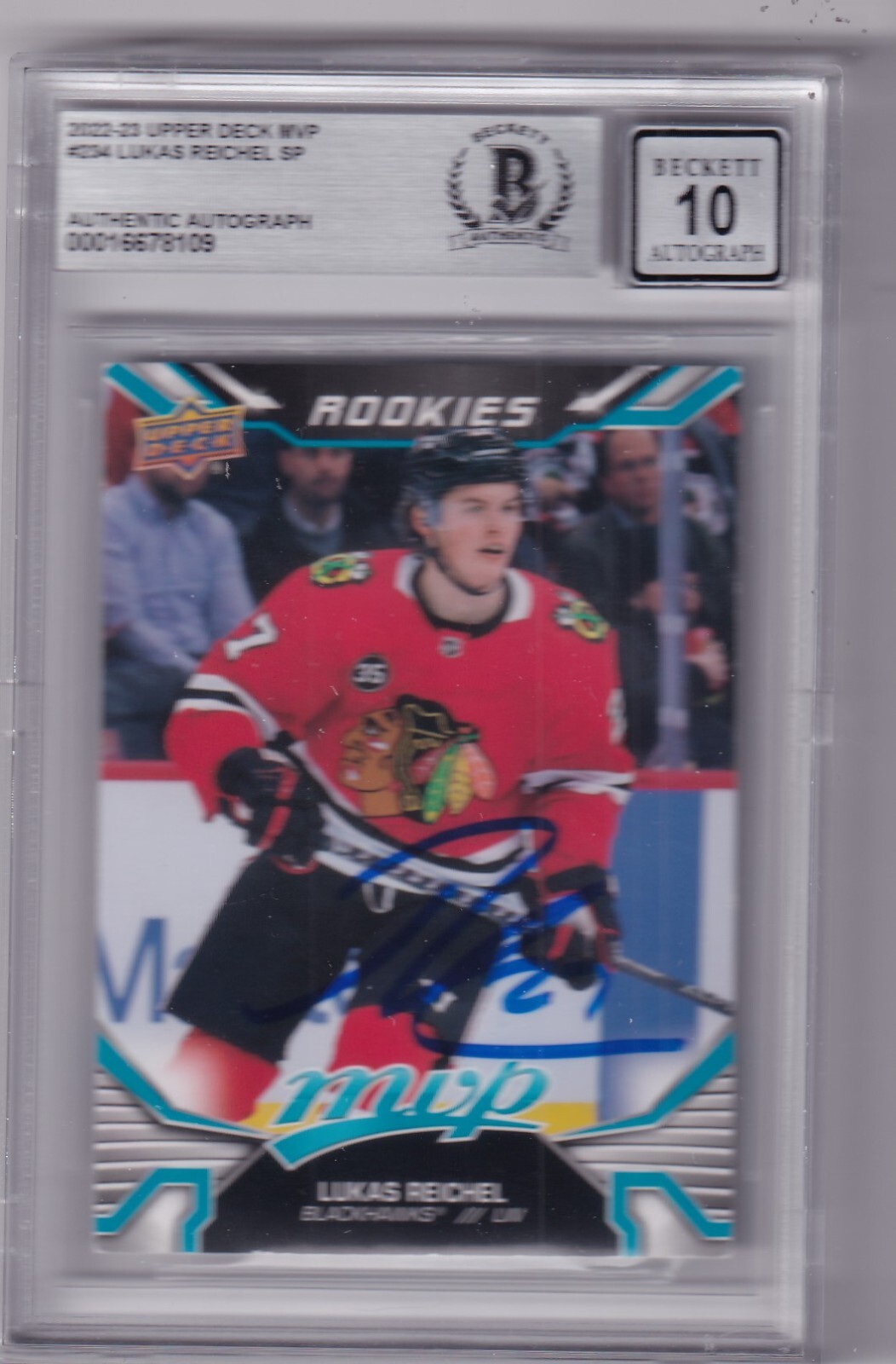 LUKAS REICHEL signed (22-23 UPPER DECK MVP) Blackhawks AUTO 10 card BECKETT BAS