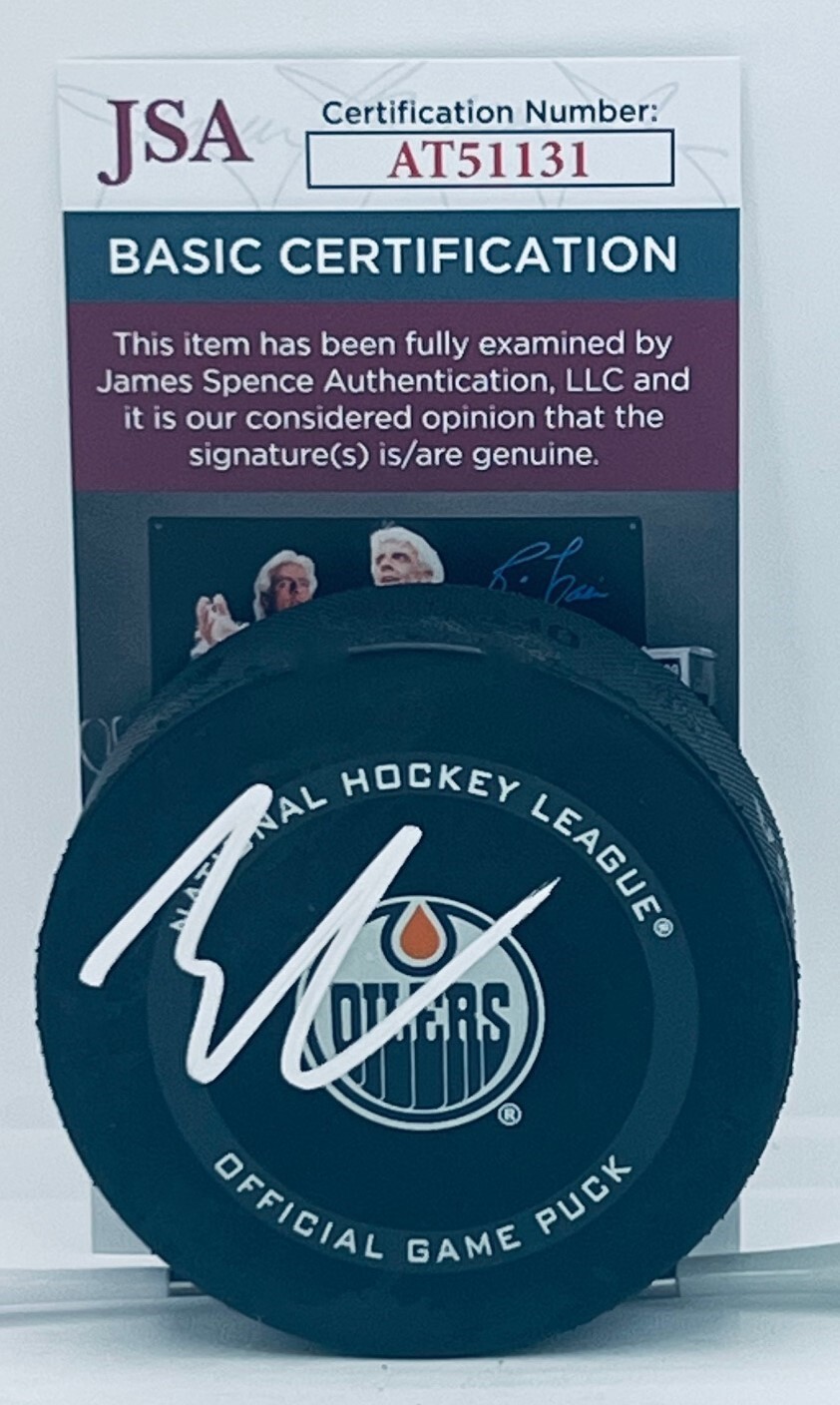 Evan Bouchard signed Edmonton Oilers Official Game Puck autographed JSA