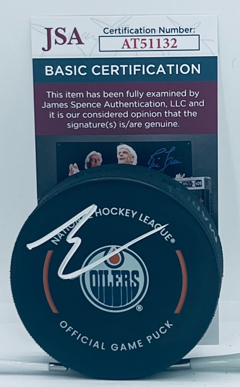 Evan Bouchard signed Edmonton Oilers Official Game Puck autographed JSA COA