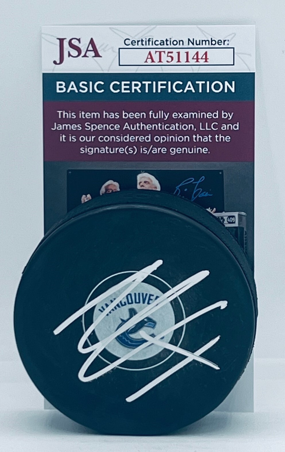 Nils Hoglander signed Vancouver Canucks Logo Puck autographed JSA