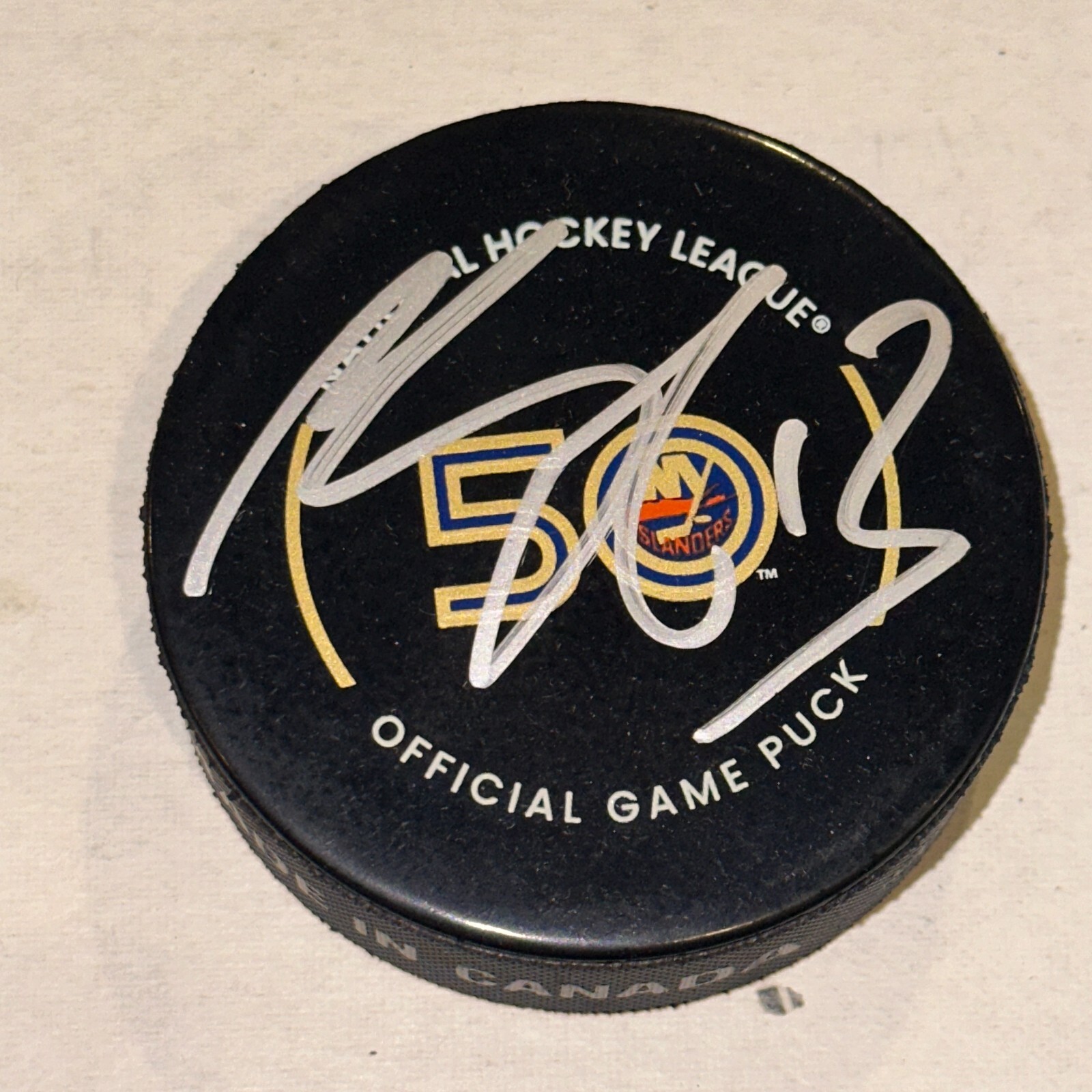 MATHEW BARZAL Signed NY ISLANDERS 50th Ann Official GAME Puck Beckett (BAS)