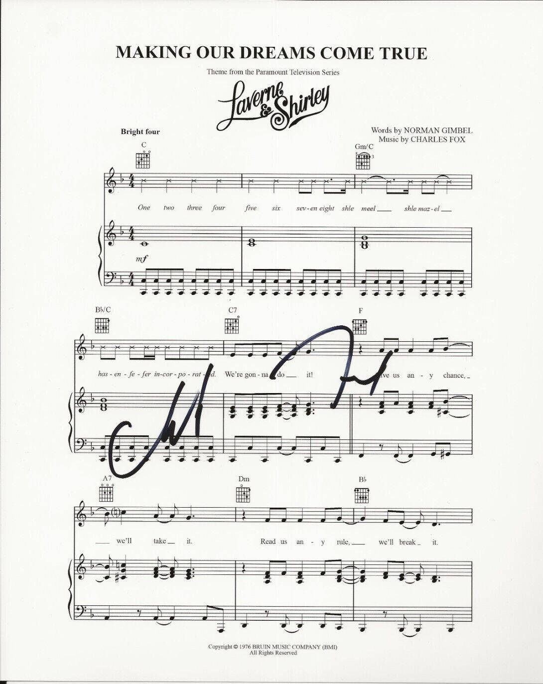Charles Fox SIGNED Making Our Dreams Come True Sheet Music COA Laverne & Shirley