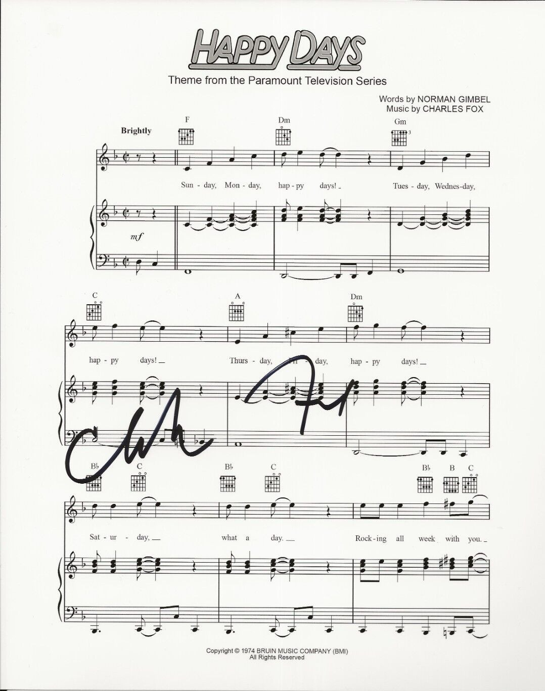 Charles Fox REAL hand SIGNED Happy Days Theme Song Sheet Music COA Autographed