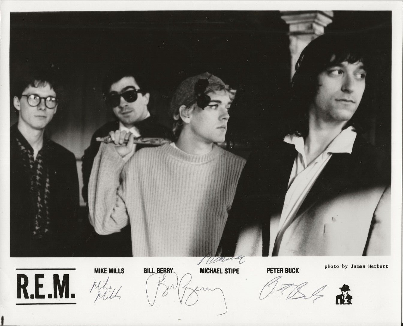 R.E.M. REAL hand SIGNED Early Promo Photo #2 JSA LOA Michael Stipe +3 REM RARE