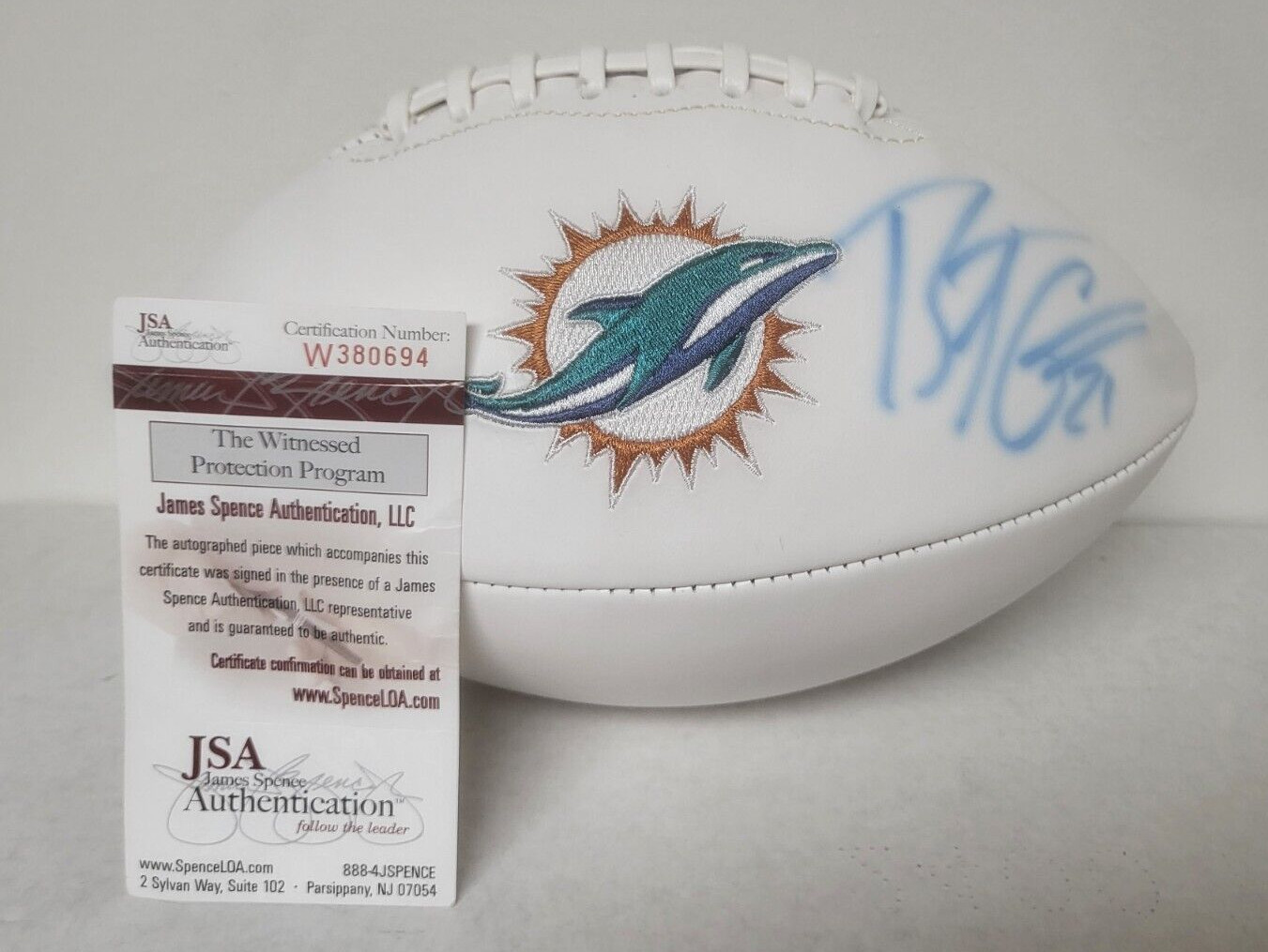 BRENT GRIMES MIAMI DOLPHINS SIGNED AUTOGRAPH TEAM LOGO WHITE PANEL FOOTBALL JSA