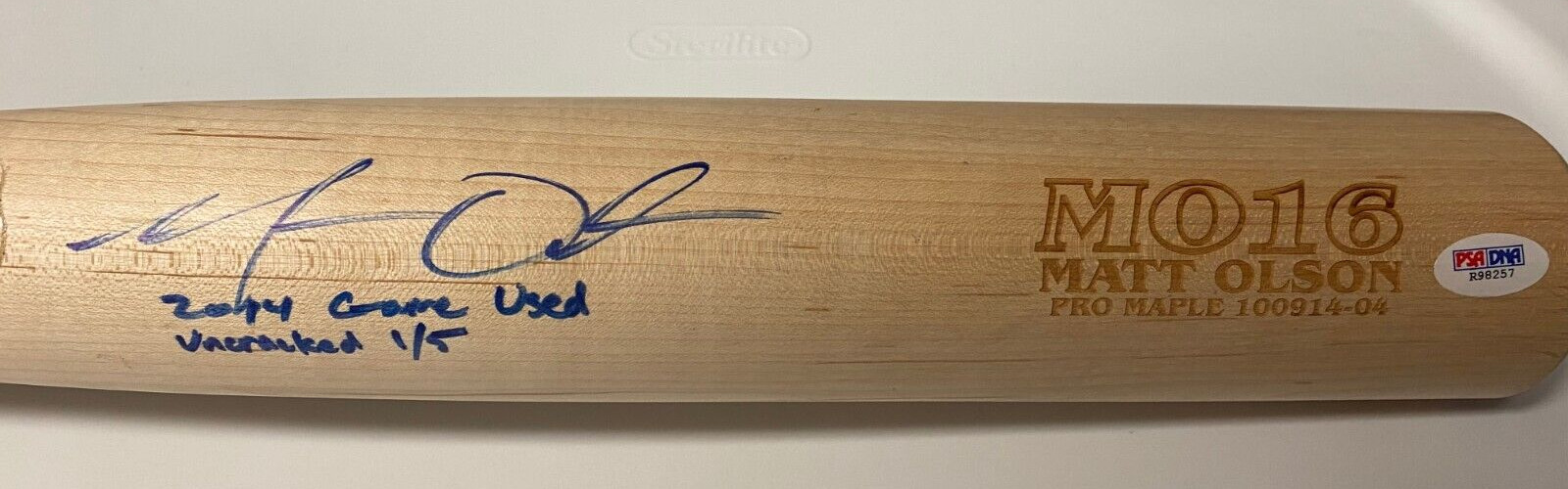 MATT OLSON BRAVES SIGNED AUTOGRAPH 2014 GAME USED M016 ZINGER PRO MAPLE BAT PSA