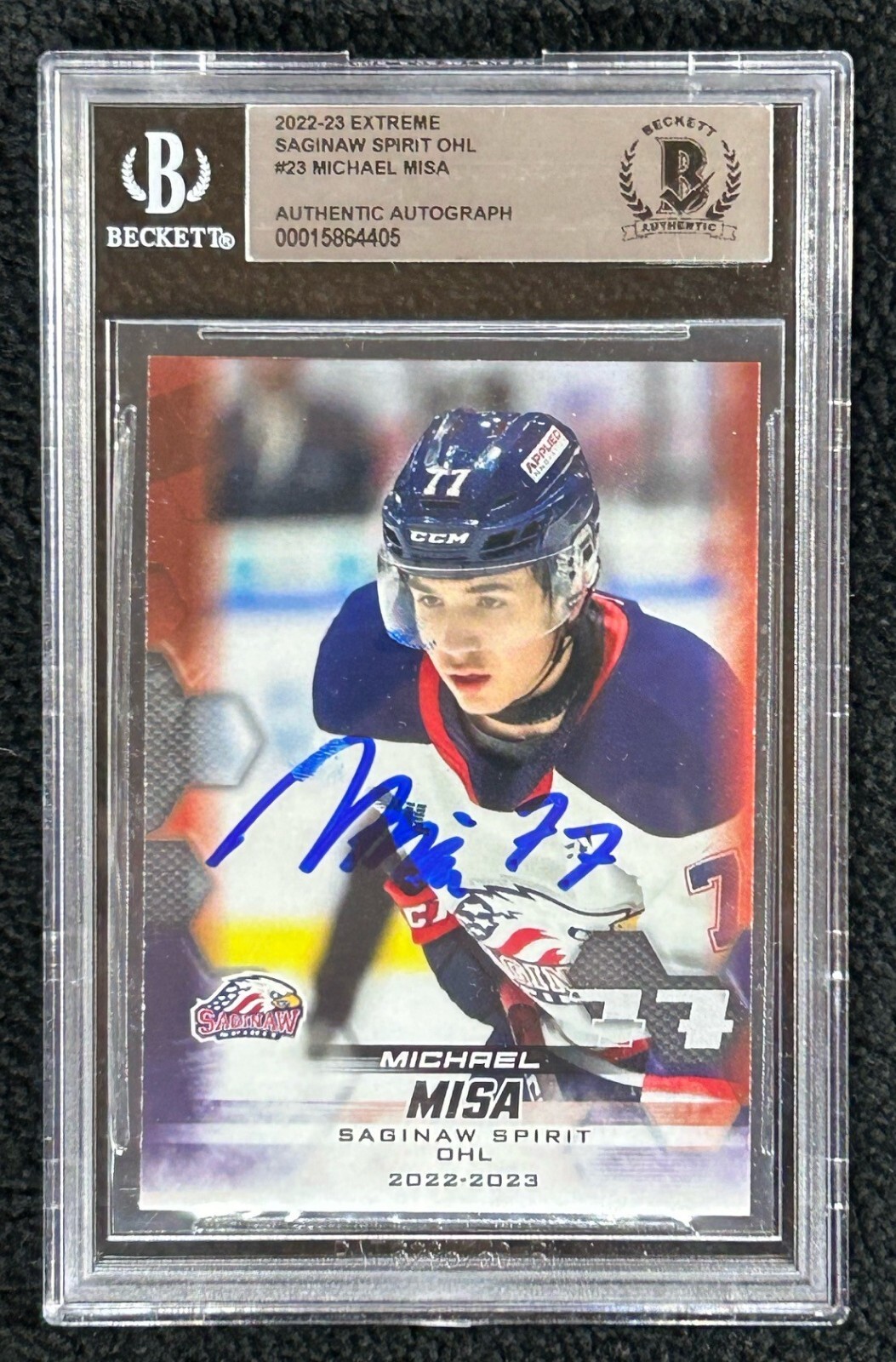 Michael Misa Signed 2022/23 Saginaw Spirit Team Issued Card #23 BAS Certified