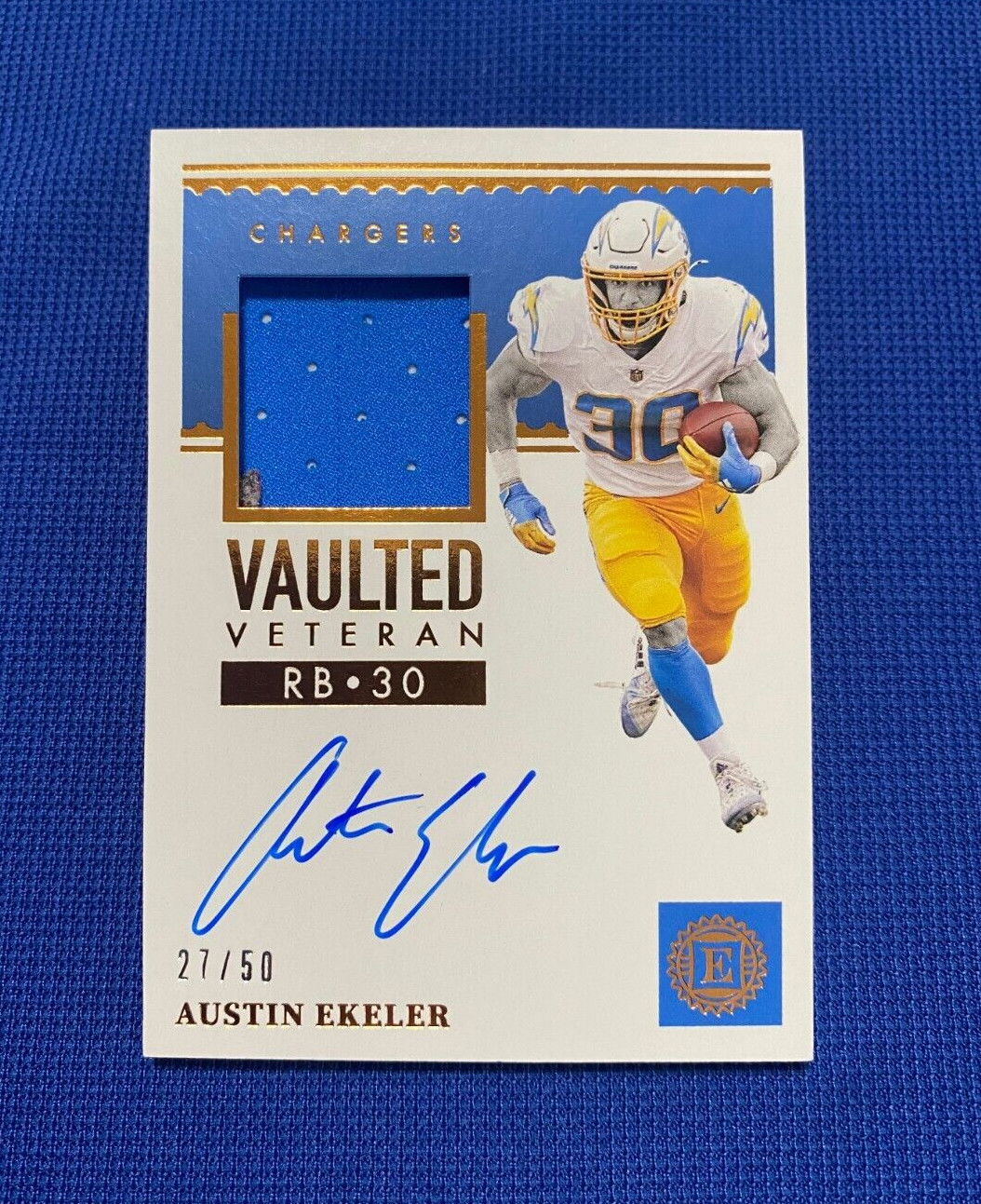 2021 PANINI ENCASED AUSTIN EKELER CHARGERS AUTO VAULTED VETERAN JERSEY CARD /50