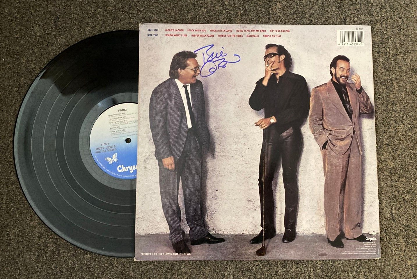 HUEY LEWIS AND THE NEWS BILL GIBSON DRUMMER AUTO SIGNED VINYL RECORD ALBUM W/COA