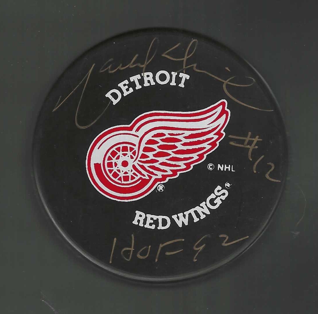 Marcel Dionne Signed & Inscribed Detroit Red Wings Trench Souvenir Puck - Gold