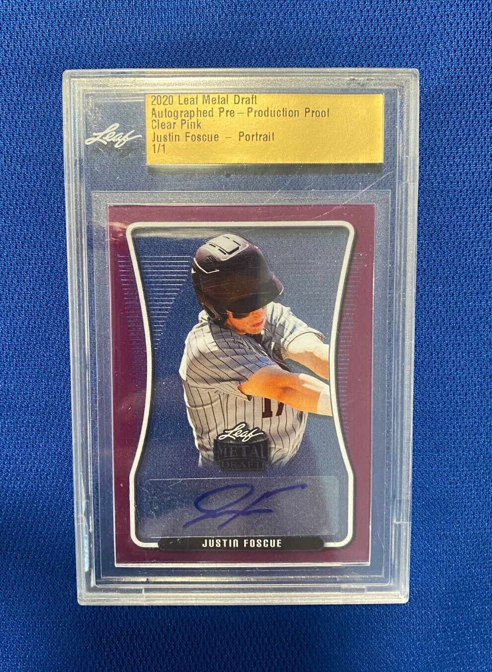 2020 LEAF METAL DRAFT JUSTIN FOSCUE PRE PRODUCTION PROOF PINK AUTO SIGNED 1/1