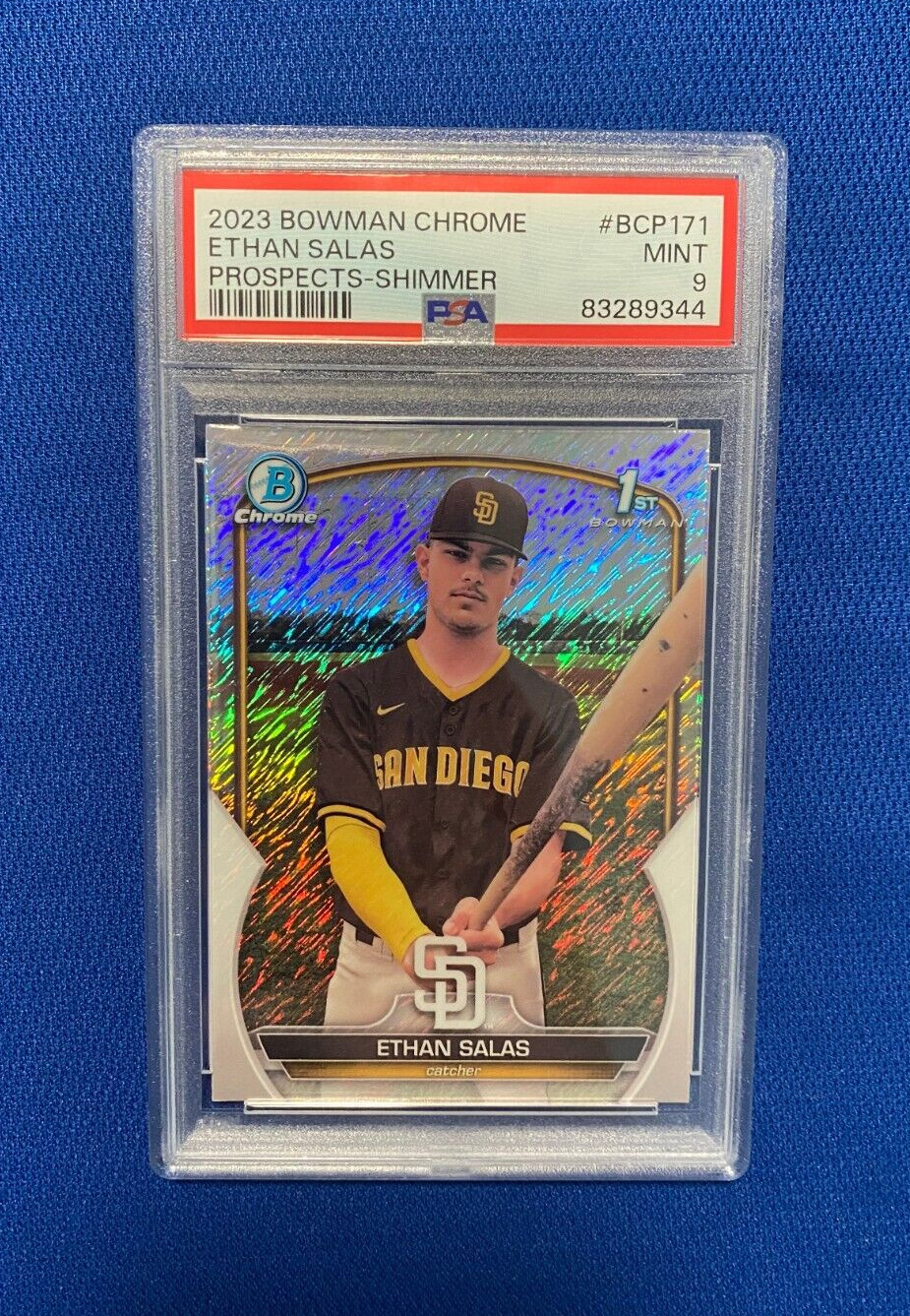 2023 BOWMAN CHROME ETHAN SALAS PADRES PROSPECTS SHIMMER RC #BCP171 CARD PSA 9