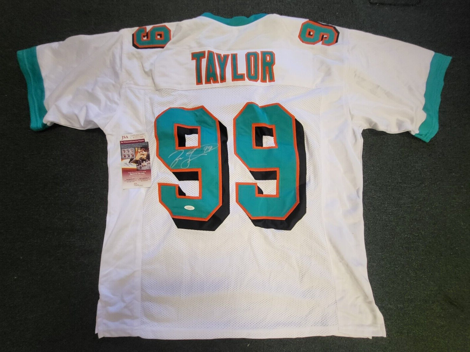 JASON TAYLOR #99 MIAMI DOLPHINS SIGNED AUTOGRAPHED WHITE JERSEY JSA COA *