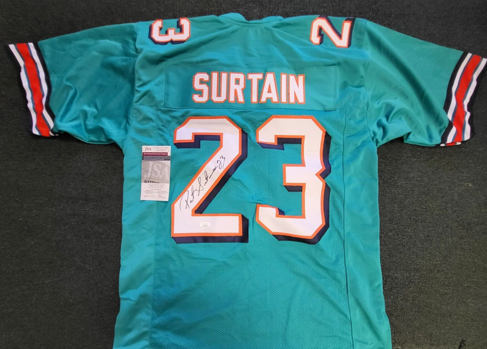 PATRICK SURTAIN #23 MIAMI DOLPHINS SIGNED AUTOGRAPH CUSTOM TEAL JERSEY SZ XL JSA