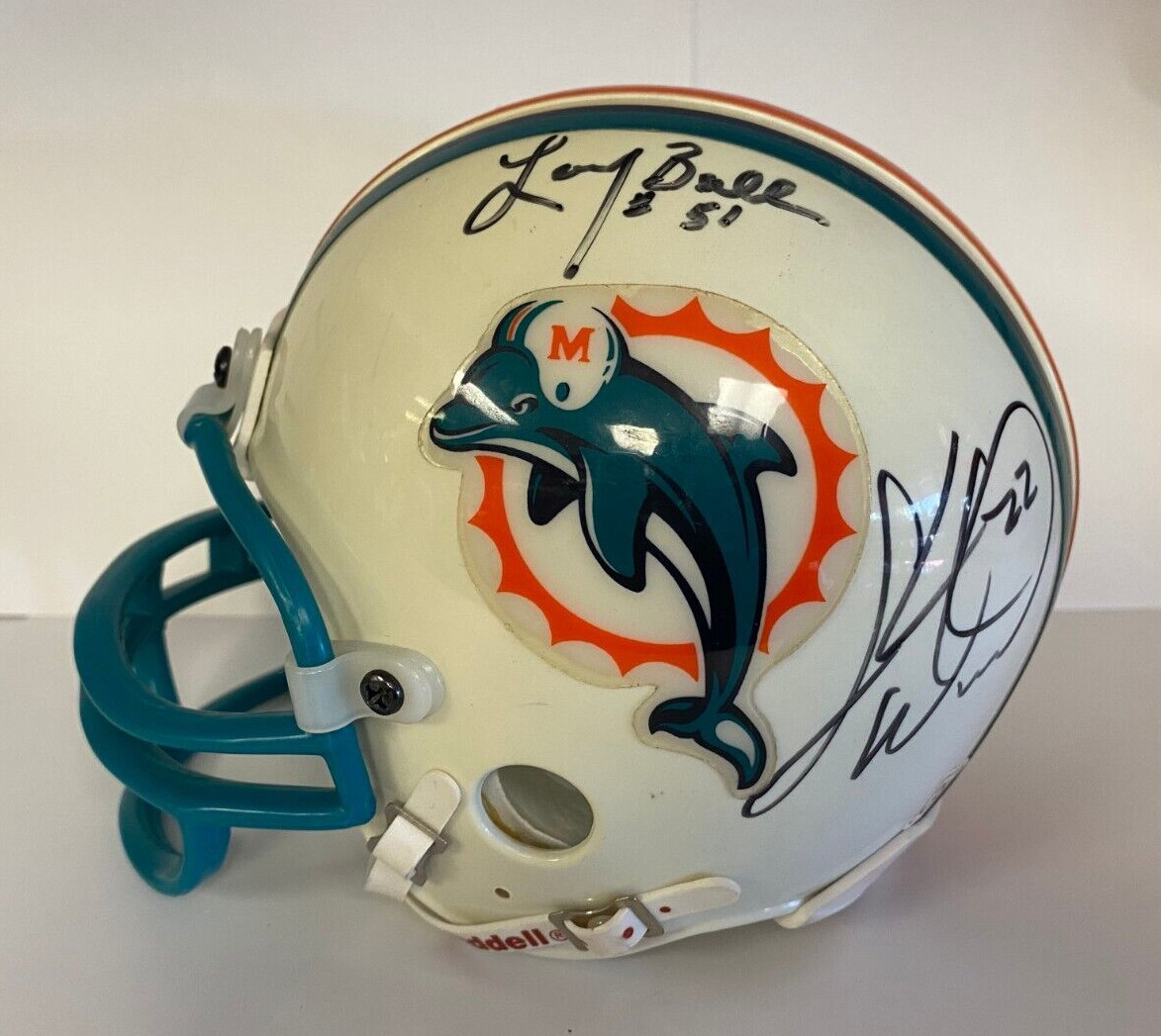 LARRY BALL LORENZO HAMPTON S WOODEN DOLPHINS SIGNED AUTO MINI HELMET W/COA
