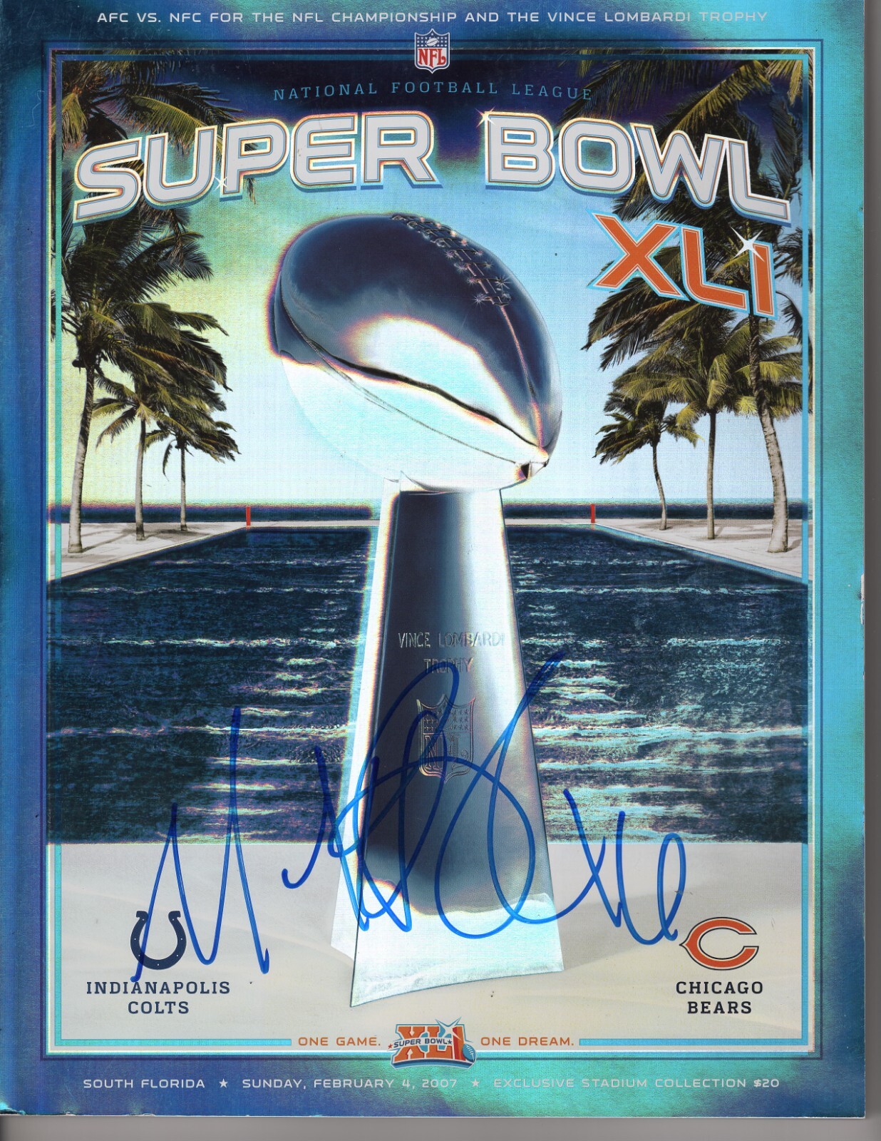 CHICAGO BEARS MARK BRADLEY 2B SIGNED SUPER BOWL PROGRAM COLLECTIBLE MEMORABILIA