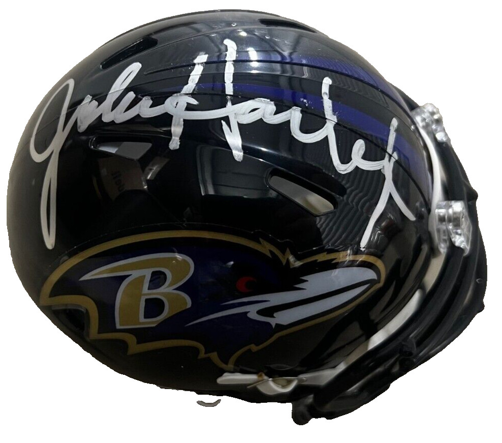 JOHN HARBAUGH signed (BALTIMORE RAVNES) mini football helmet BECKETT BM02846