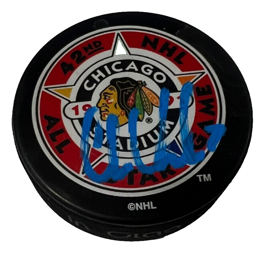 CHRIS CHELIOS signed (CHICAGO BLACKHAWKS) 1991 All Star puck BECKETT BAS BM02742