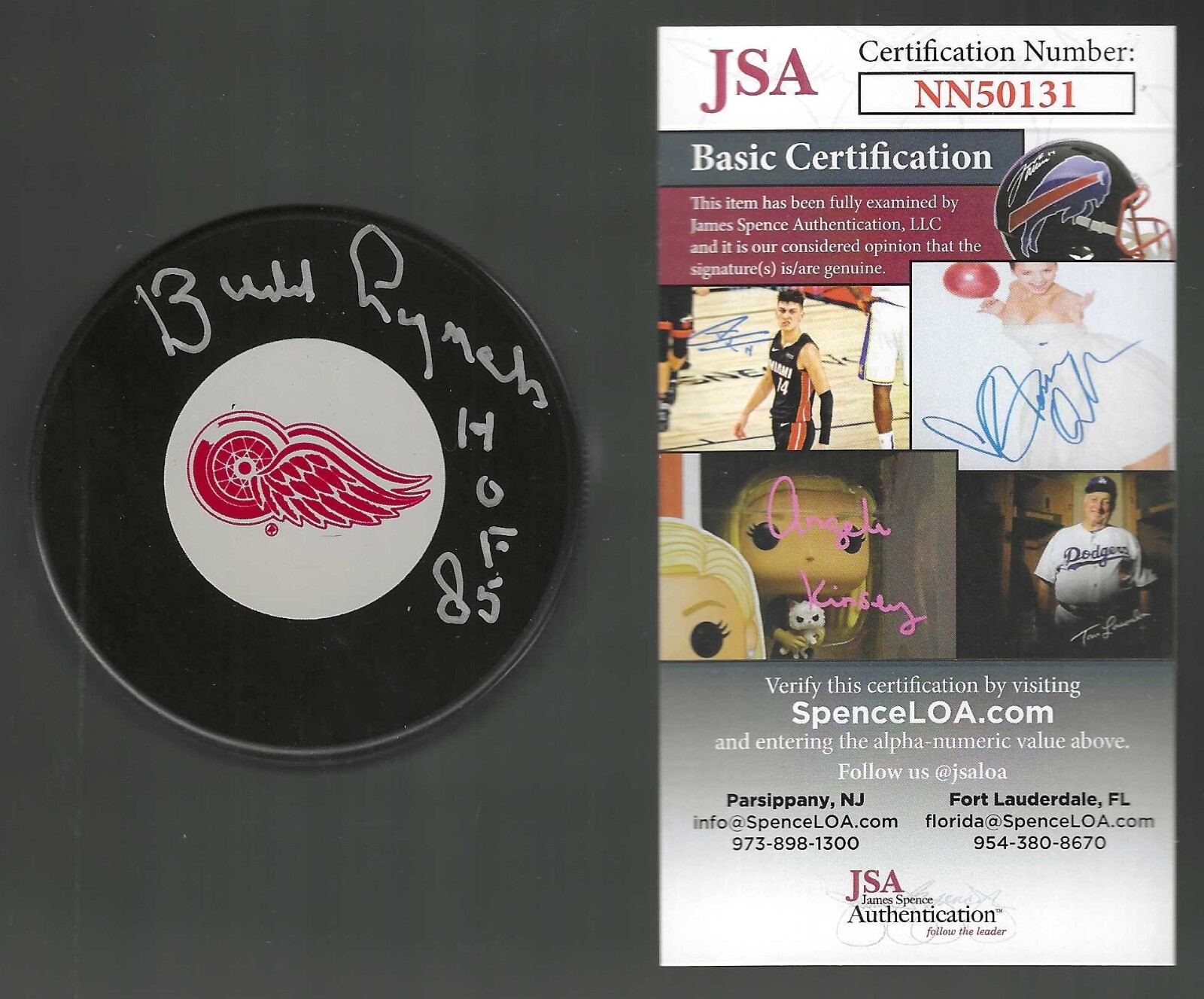 Budd Lynch Signed & Inscribed Detroit Red Wings Puck JSA COA