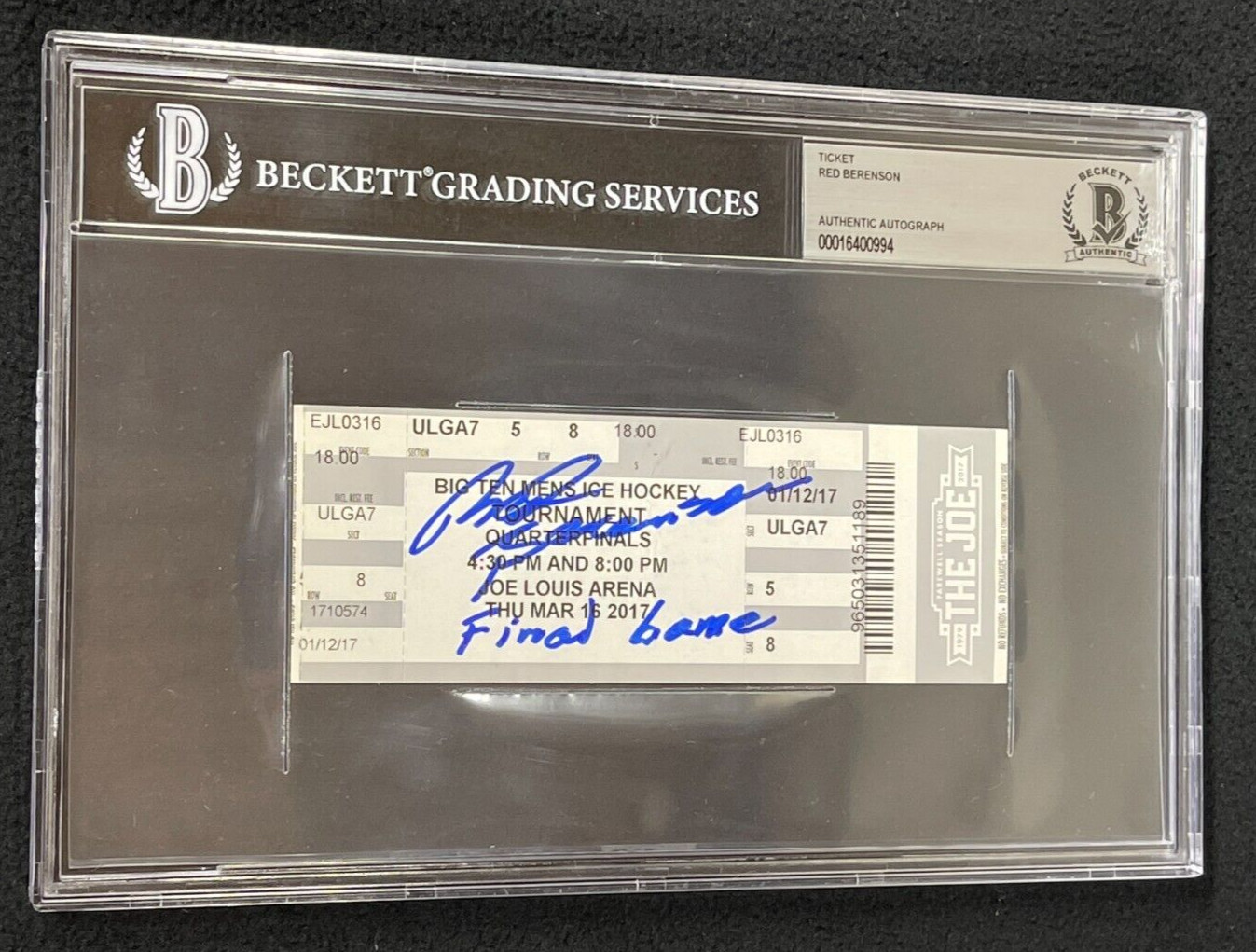 Red Berenson Signed & Inscribed Michigan Wolverines Final Game Ticket Beckett