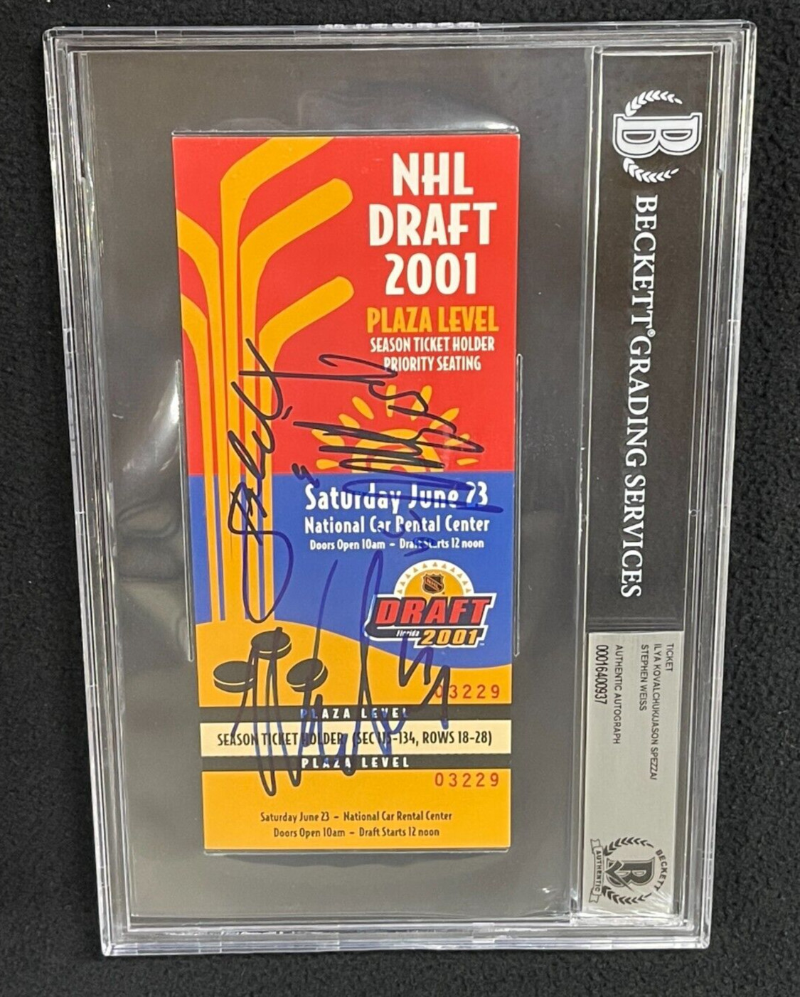2001 NHL DRAFT TICKET MULTI-SIGNED BY 3 ILYA KOVALCHUK SPEZZA WEISS BECKETT COLLECTIBLE MEMORABILIA