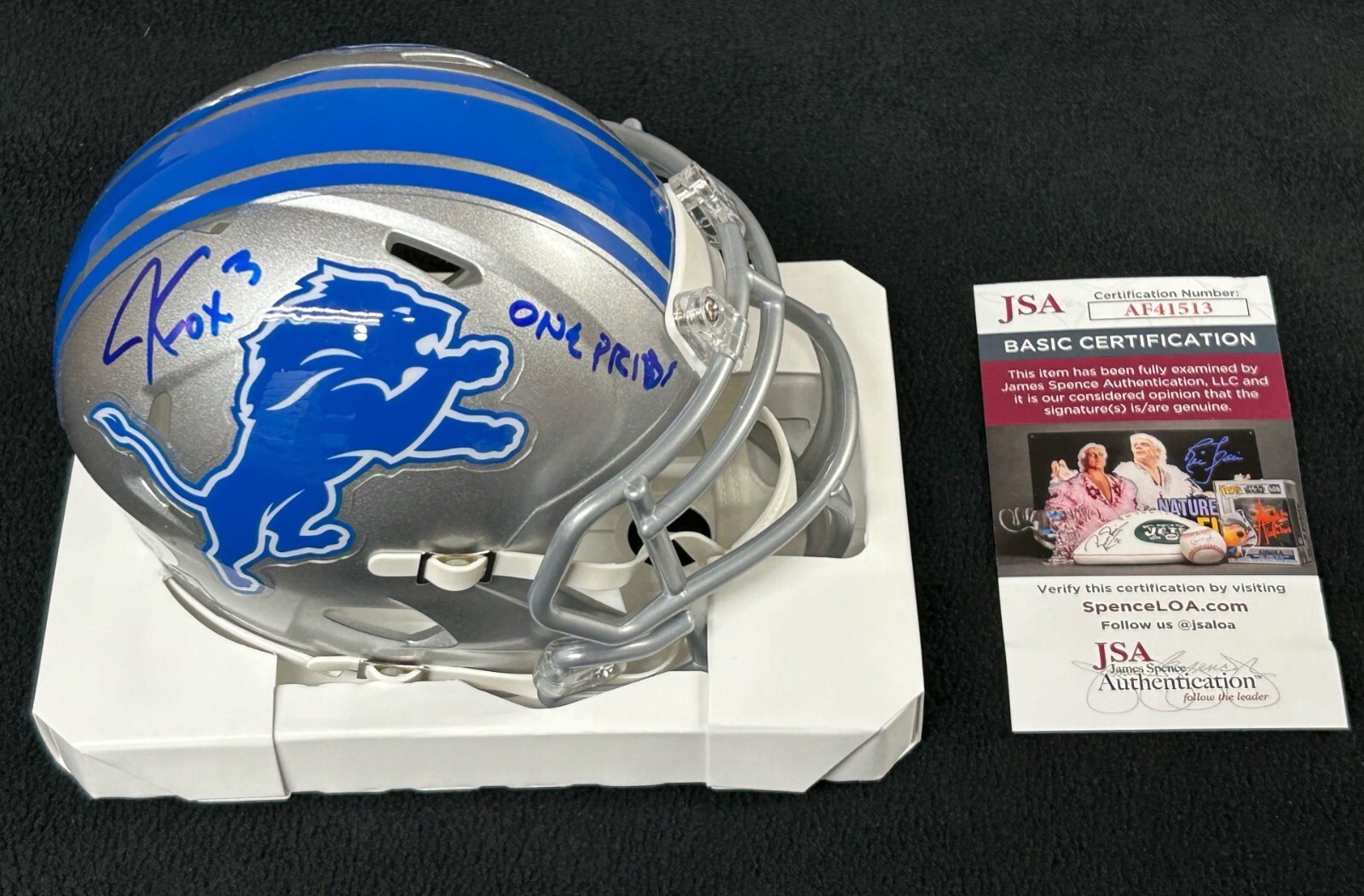 Jack Fox Signed & Inscribed Detroit Lions Mini Helmet JSA COA