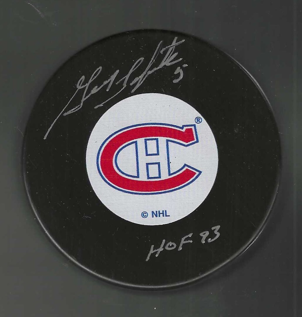 Guy Lapointe Signed & Inscribed Montreal Canadiens Vintage Logo Puck