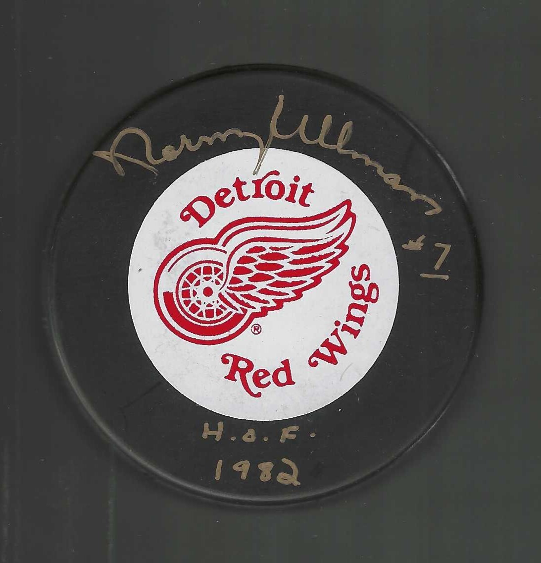 Norm Ullman Signed & Inscribed Detroit Red Wings Trench Puck