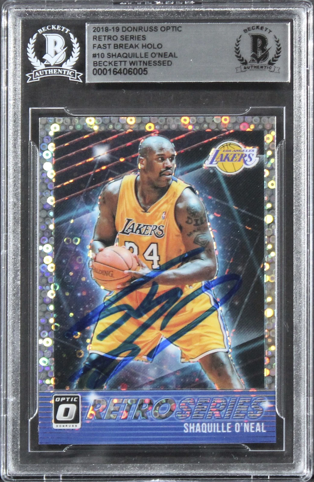 Lakers Shaquille O'Neal Signed 2018 Donruss Optic RS FB HOLO #10 Card BAS Slab