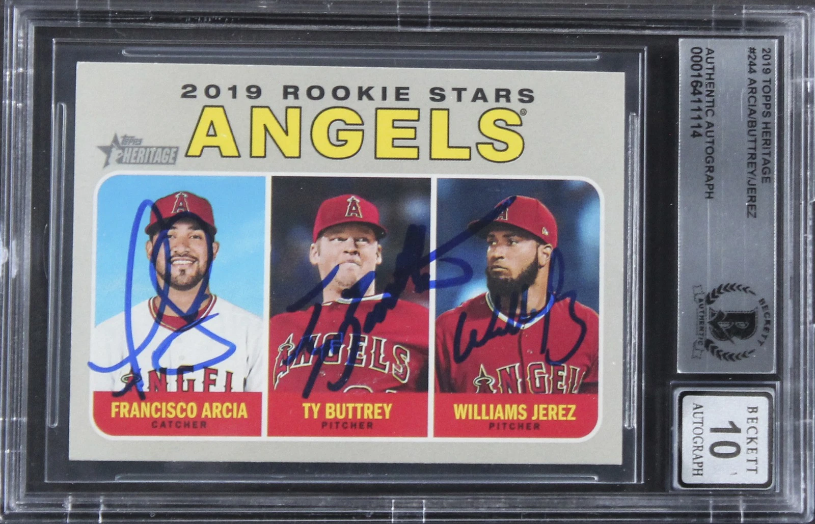 (3) ARCIA, BUTTREY, JEREZ SIGNED 2019 TOPPS HERITAGE #244 CARD AUTO 10! BAS SLAB COLLECTIBLE MEMORABILIA