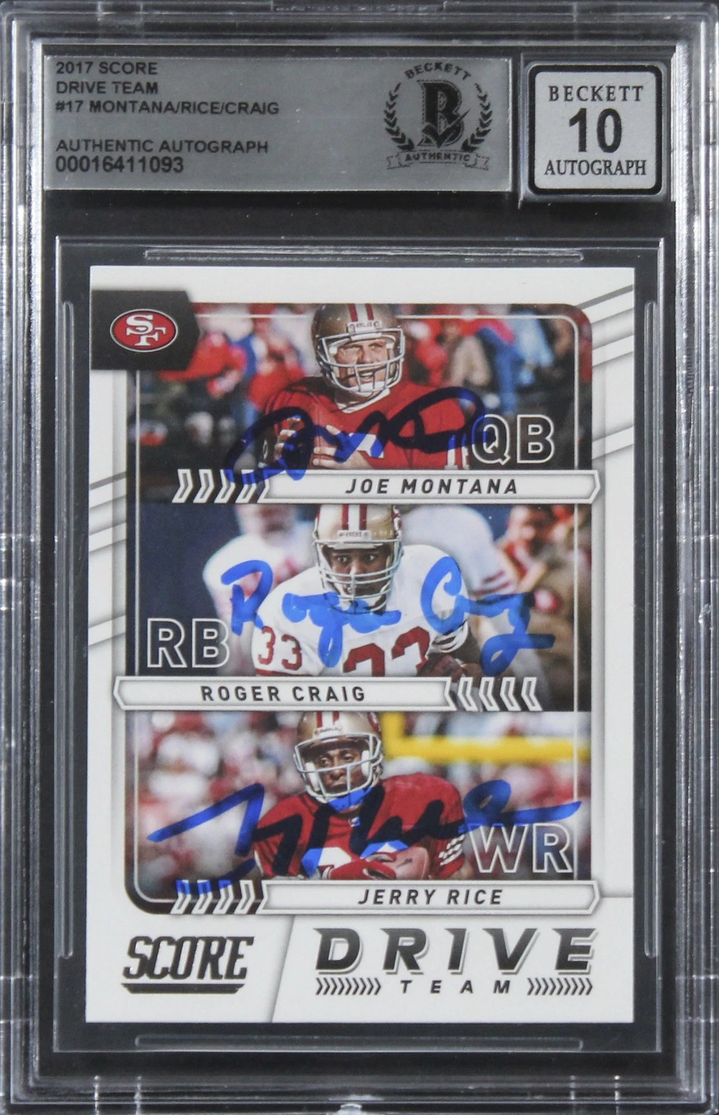 49ers Montana, Rice & Craig Signed 2017 Score DT #17 Card Auto 10! BAS Slabbed