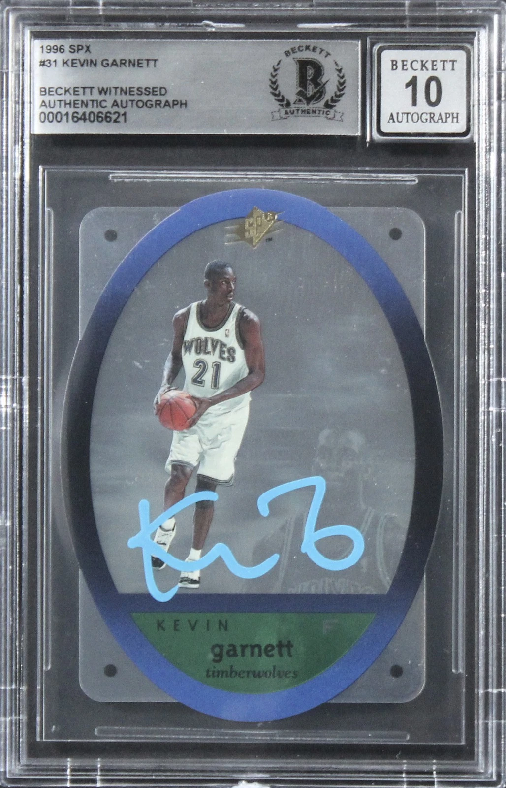 Timberwolves Kevin Garnett Signed 1996 SPX #31 Card Auto 10! BAS Slabbed