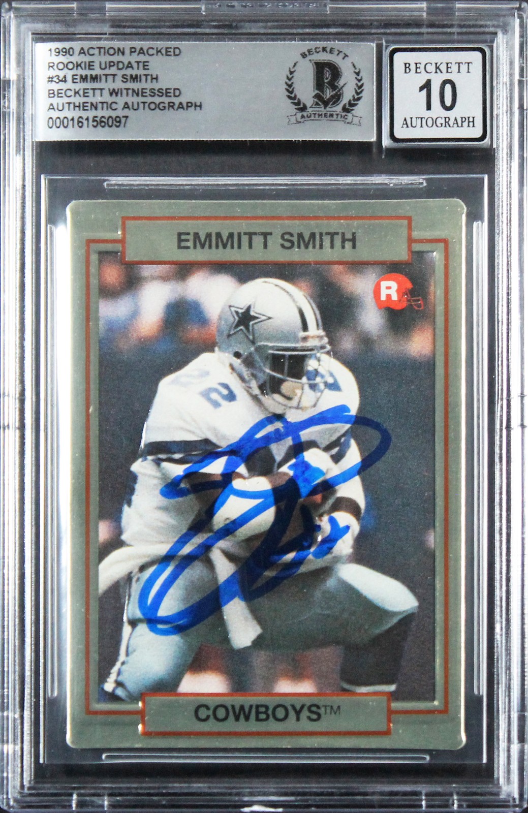 Cowboys Emmitt Smith Signed 1990 Action Packed #34 Rookie Card Auto 10! BAS Slab