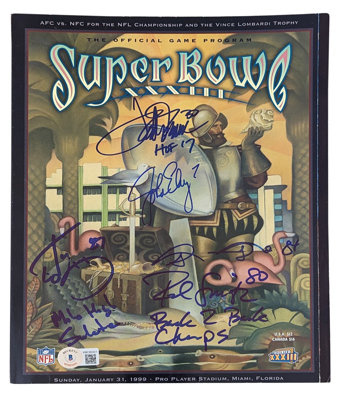 (5) ELWAY, DAVIS, SMITH, MCCAFFREY & SHARPE SIGNED SB XXXIII PROGRAM BAS WIT 1 COLLECTIBLE MEMORABILIA