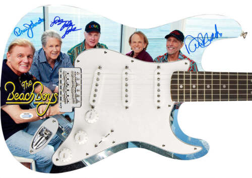 BEACH BOYS AUTOGRAPHED GROUP PHOTO GRAPHICS FENDER GUITAR EXACT PROOF ACOA COLLECTIBLE MEMORABILIA