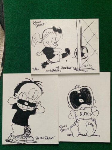 BRIAN BASSET LOT OF 3 SIGNED ADAM DRAWINGS ON 16×20 CANVAS CLAYTON+KATIE+NICK COLLECTIBLE MEMORABILIA