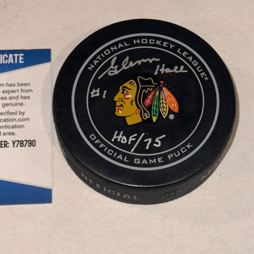 GLENN HALL SIGNED BLACKHAWKS OFFICIAL GAME PUCK BECKETT AUTH (BAS) & HOF INSCRIP COLLECTIBLE MEMORABILIA