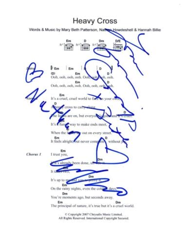 GOSSIP BAND X3 SIGNED AUTOGRAPH HEAVY CROSS LYRIC SHEET MUSIC BETH NATHAN HANNAH COLLECTIBLE MEMORABILIA