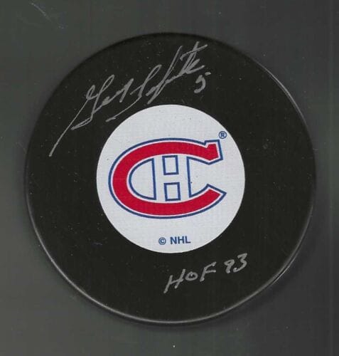 GUY LAPOINTE SIGNED & INSCRIBED MONTREAL CANADIENS VINTAGE LOGO PUCK COLLECTIBLE MEMORABILIA