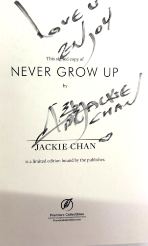 JACKIE CHAN SIGNED AUTOGRAPH BOOK “NEVER GROW UP” W/ SLIP CASE JSA KARATE KID COLLECTIBLE MEMORABILIA
