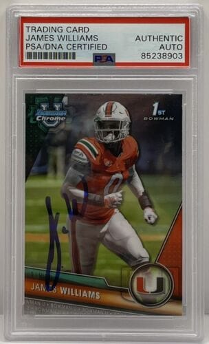 JAMES WILLIAMS SIGNED 2023 BOWMAN CHROME U ROOKIE CARD MIAMI HURRICANES PSA/DNA COLLECTIBLE MEMORABILIA