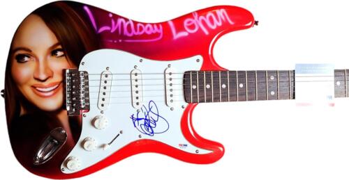 LINDSAY LOHAN AUTOGRAPHED SIGNED HAND AIRBRUSHED PAINTING GUITAR PSA COLLECTIBLE MEMORABILIA