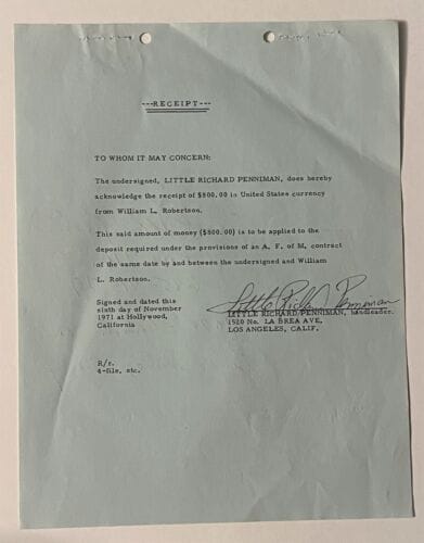 Little Richard hand 2x SIGNED 1971 Receipt JSA Full LOA RARE FULL NAME + address