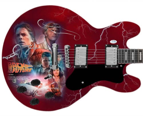 MICHAEL J. FOX AUTOGRAPHED BACK TO THE FUTURE PHOTO GRAPHICS GUITAR ACOA COLLECTIBLE MEMORABILIA