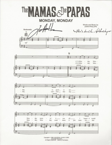 MICHELLE PHILLIPS MAMAS & PAPAS SIGNED MONDAY MONDAY SHEET MUSIC COA + LOU ADLER COLLECTIBLE MEMORABILIA