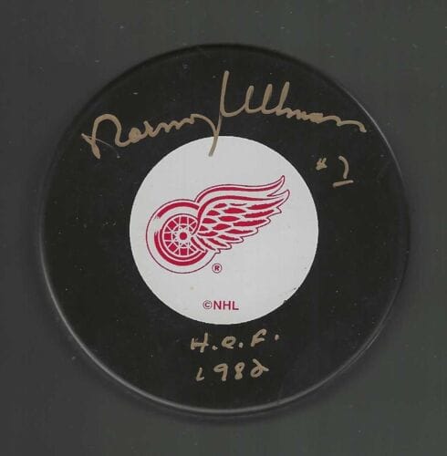 NORM ULLMAN SIGNED & INSCRIBED DETROIT RED WINGS PUCK COLLECTIBLE MEMORABILIA