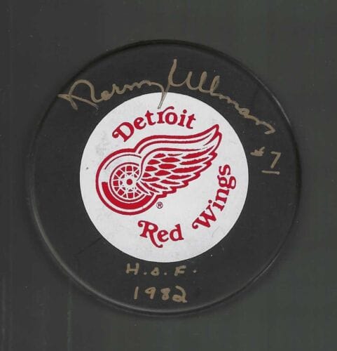 NORM ULLMAN SIGNED & INSCRIBED DETROIT RED WINGS TRENCH PUCK COLLECTIBLE MEMORABILIA
