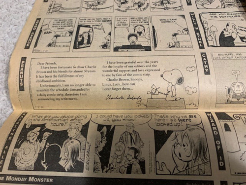 PEANUTS LAST COMIC STRIP LOT OF 3 SYRACUSE NY NEWSPAPERS CHARLES SCHULZ