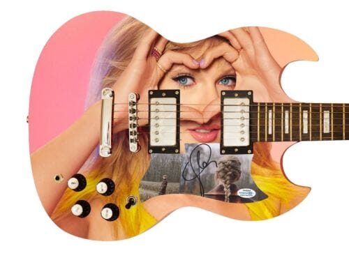 TAYLOR SWIFT EVERMORE AUTOGRAPHED SIGNED CUSTOM PHOTO GRAPHICS GUITAR ACOA ACOA COLLECTIBLE MEMORABILIA