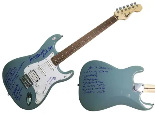 THE BEACH BOYS SIGNED FENDER GUITAR W SURFIN USA LYRICS EXACT PROOF BAS WITNESS COLLECTIBLE MEMORABILIA